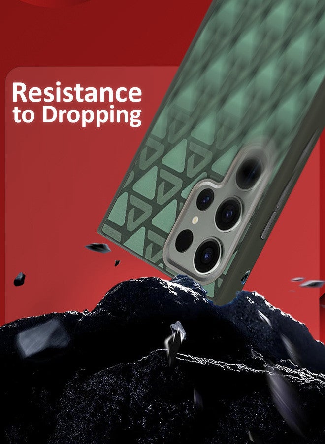 مارجون (for Samsung Galaxy S23 Ultra) 2 Pack Case and Screen Protector Leather Back Cover Triangle Pattern Shockproof Protective Phone Case Green - Image 3