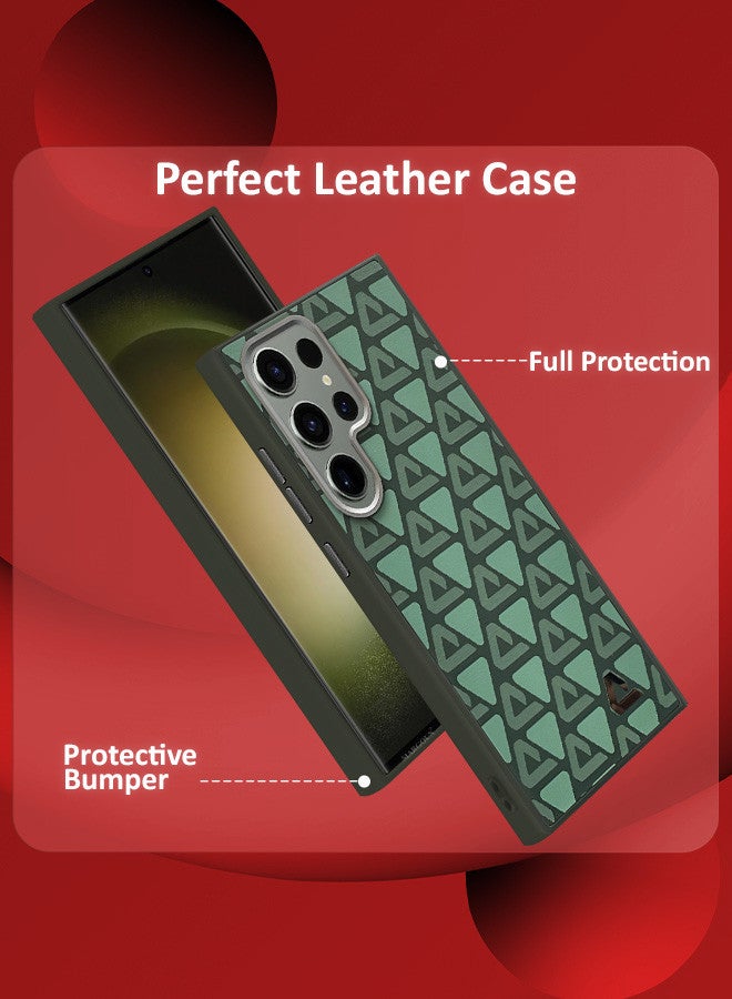 مارجون (for Samsung Galaxy S23 Ultra) 2 Pack Case and Screen Protector Leather Back Cover Triangle Pattern Shockproof Protective Phone Case Green - Image 2
