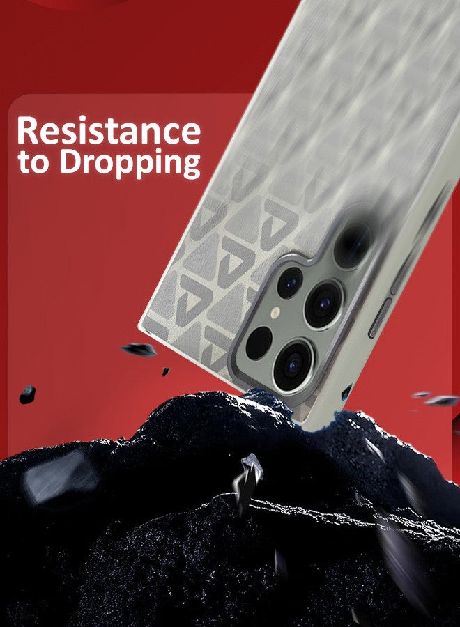 مارجون (for Samsung Galaxy S23 Ultra) Case Leather Back Cover Triangle Pattern Shockproof Protective Phone Case Light Beige - Image 3