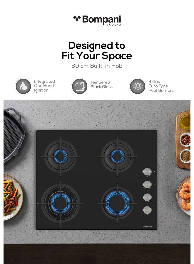 Bompani 60cm Built-In Hob,  4 Gas Euro Type Pool Burners, Sabaf Burners, Tempered Black Glass - One Year Manufacturer Warranty - BO217VFT Black - Image 2