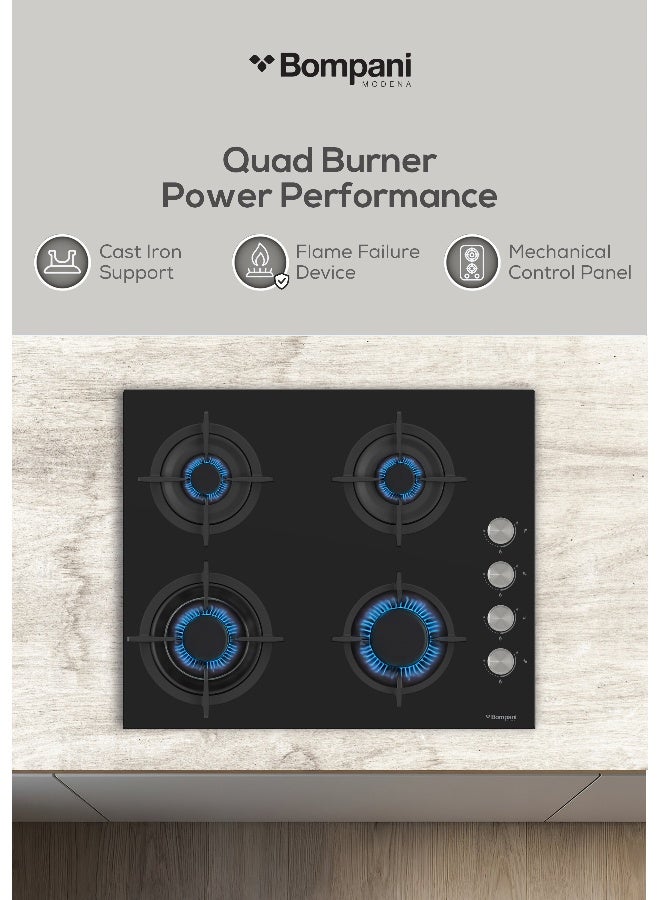 Bompani 60cm Built-In Hob,  4 Gas Euro Type Pool Burners, Sabaf Burners, Tempered Black Glass - One Year Manufacturer Warranty - BO217VFT Black - Image 4