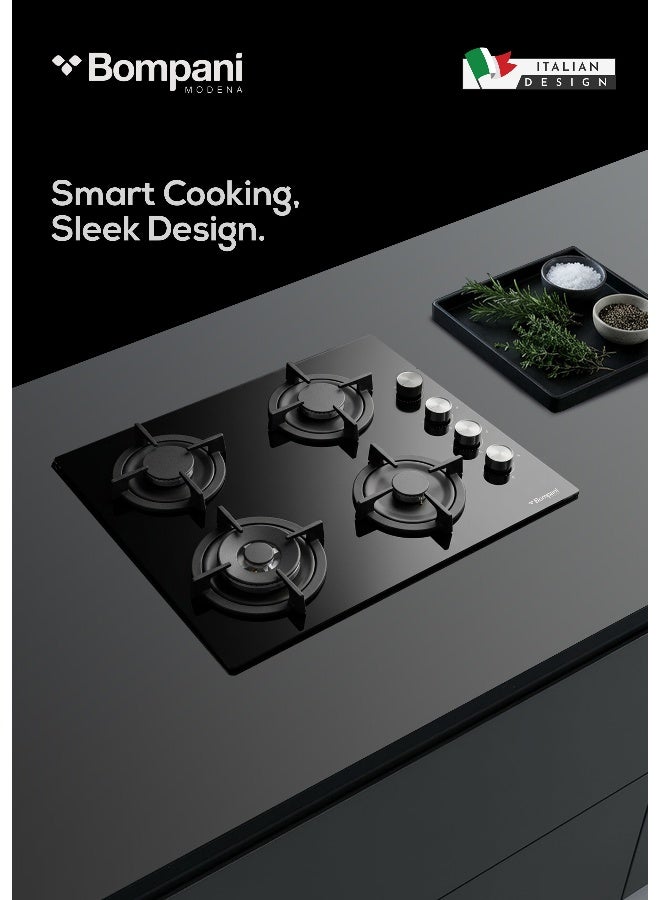 Bompani 60cm Built-In Hob,  4 Gas Euro Type Pool Burners, Sabaf Burners, Tempered Black Glass - One Year Manufacturer Warranty - BO217VFT Black - Image 1