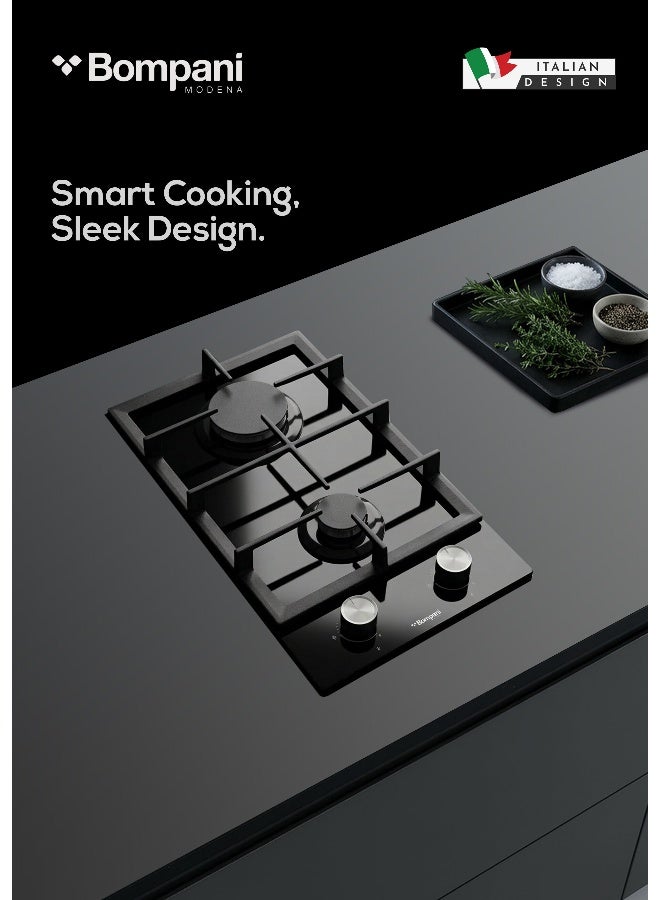 بومباني مواقد مدمجة مقاس 30 سم - شعلتان غازيتان من نوع يورو بول، شعلات ساباف، زجاج أسود مقسّى مقاس 8 مم - ضمان لمدة عام من الشركة المصنعة - Image 1