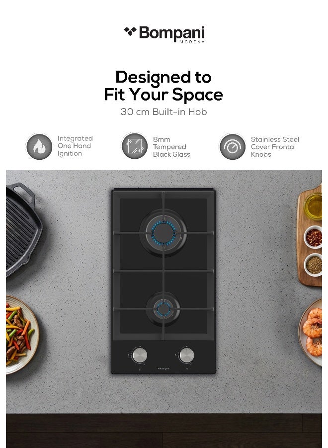 بومباني مواقد مدمجة مقاس 30 سم - شعلتان غازيتان من نوع يورو بول، شعلات ساباف، زجاج أسود مقسّى مقاس 8 مم - ضمان لمدة عام من الشركة المصنعة - Image 2