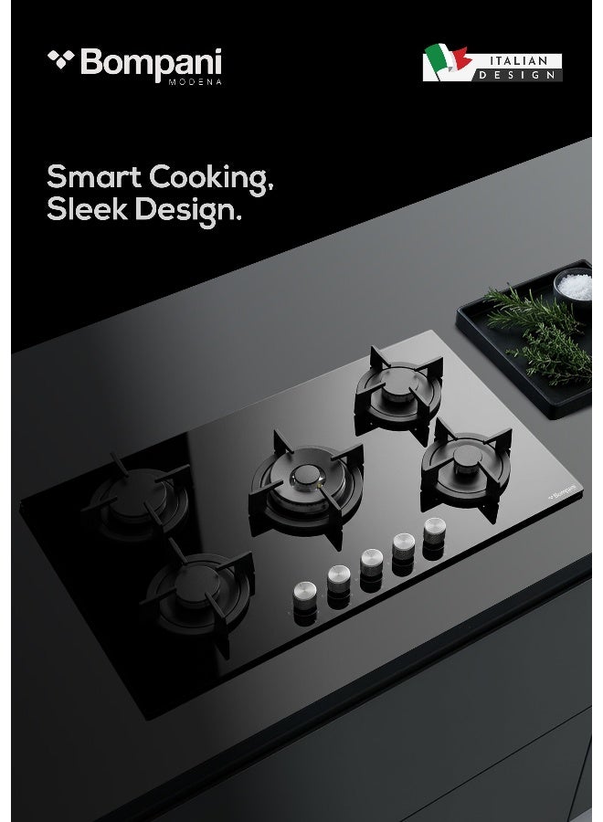 Bompani 90cm Built-In Hob, 5 Gas Euro Type Pool Burners, Sabaf Burners, Tempered Black Glass, Mechanical Control - One Year Manufacturer Warranty - BO297VFT Black - Image 1