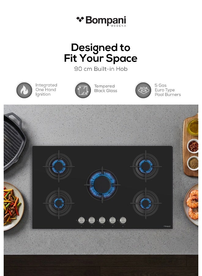 Bompani 90cm Built-In Hob, 5 Gas Euro Type Pool Burners, Sabaf Burners, Tempered Black Glass, Mechanical Control - One Year Manufacturer Warranty - BO297VFT Black - Image 2