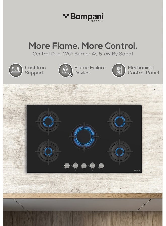 Bompani 90cm Built-In Hob, 5 Gas Euro Type Pool Burners, Sabaf Burners, Tempered Black Glass, Mechanical Control - One Year Manufacturer Warranty - BO297VFT Black - Image 4