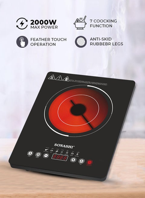 Infrared Ceramic Cooker With Display Power | 4 Digit LED Display With Touch Sensor Control And 11 Level Power Settings | Portable And Compact Infrared Cooker 2000 W SIS-008N Black
