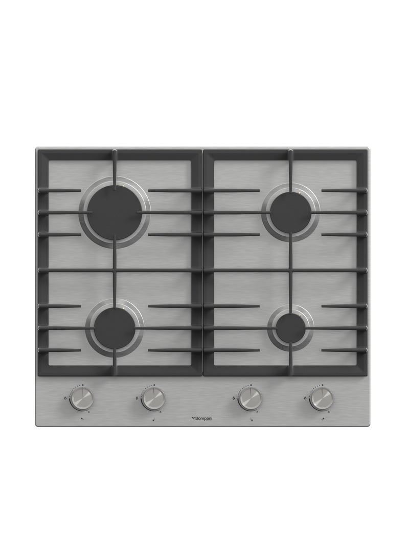 بومباني موقد مدمج 60 سم، ستانلس ستيل، 4 شعلات غاز من النوع الأوروبي، شعلات Sabaf، تحكم ميكانيكي، دعامات من الحديد الزهر - ضمان لمدة عام من الشركة المصنعة - - Image 2