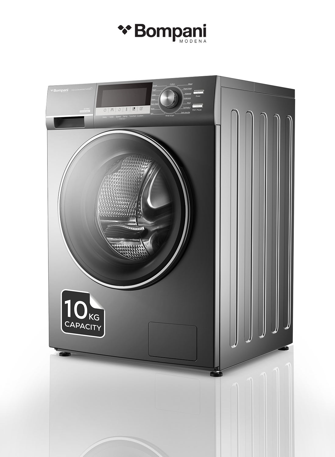 Washing Machine, Frontload, 10kg Capacity, BLDC Inverter Motor, 13 Functions, 16 Programs, Stainless Steel Drum, Quick Wash, Child Lock, 1200RPM, Adjustable Feet BO3013N Dark Silver 