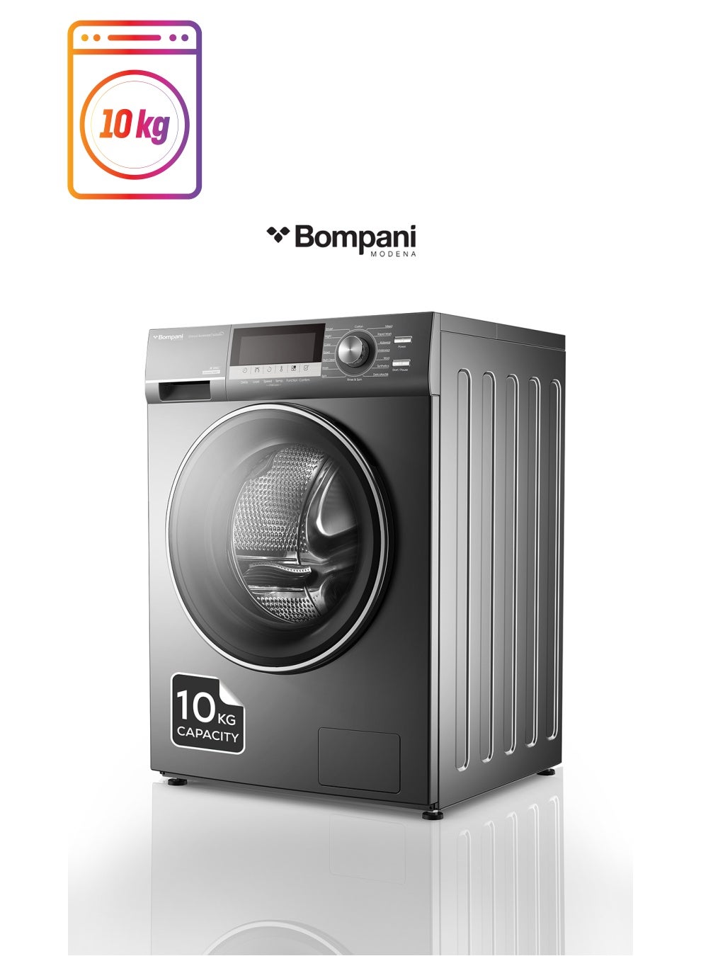 Bompani Washing Machine, Frontload, 10kg Capacity, BLDC Inverter Motor, 13 Functions, 16 Programs, Stainless Steel Drum, Quick Wash, Child Lock, 1200RPM, Adjustable Feet BO3013N Dark Silver 