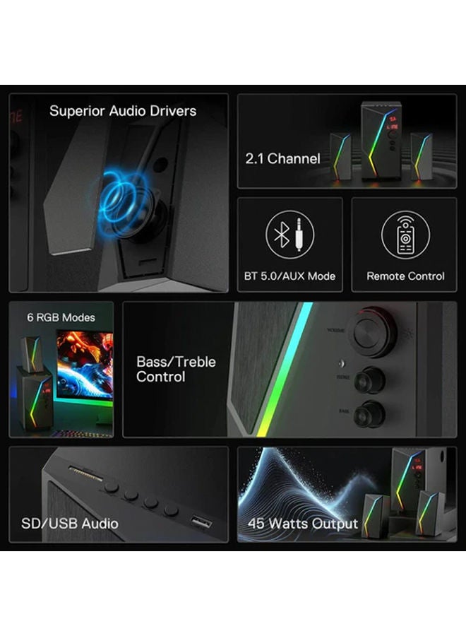 REDRAGON ANVIL GS520-PRO 2.1 Channel Gaming Speaker, Dynamic RGB w/EQ Mode, BT/FM/USB/SD/AUX, Black - Image 3
