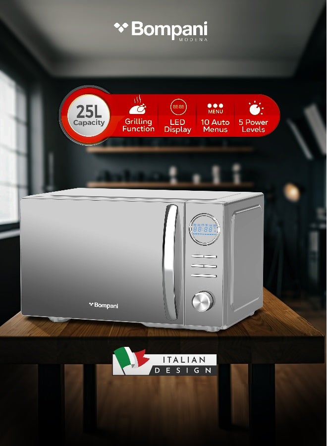 Bompani 25L Capacity Microwave Oven, Stainless Steel, Microwave, Grill & Convection Function, Mirror Finish, Digital Control, 10 Auto Menus, Child Safety Lock, 1450W - 25 L 1450 W BMO25DGS2 Silver - Image 1