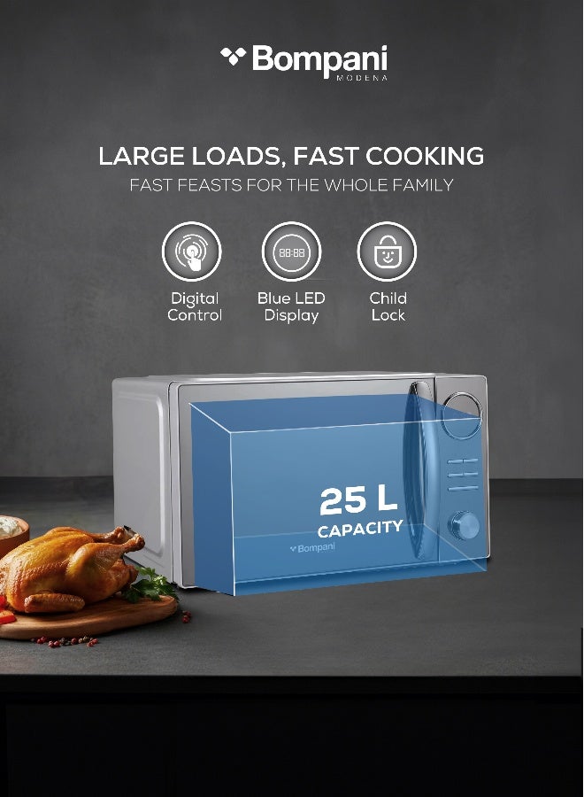 Bompani 25L Capacity Microwave Oven, Stainless Steel, Microwave, Grill & Convection Function, Mirror Finish, Digital Control, 10 Auto Menus, Child Safety Lock, 1450W - 25 L 1450 W BMO25DGS2 Silver - Image 3