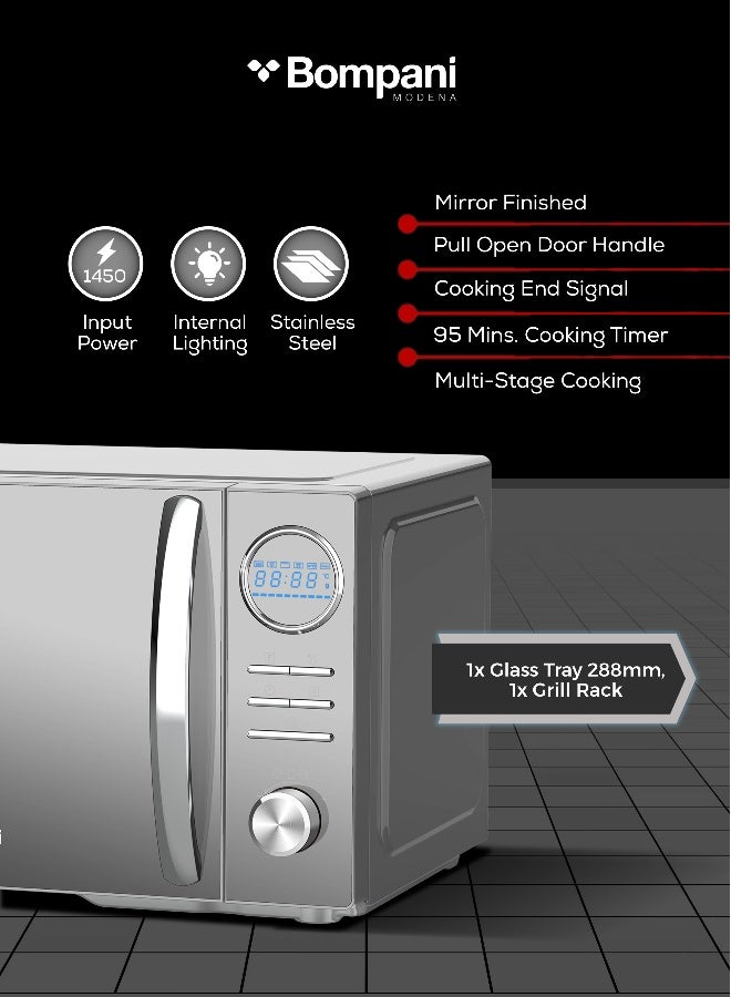 Bompani 25L Capacity Microwave Oven, Stainless Steel, Microwave, Grill & Convection Function, Mirror Finish, Digital Control, 10 Auto Menus, Child Safety Lock, 1450W - 25 L 1450 W BMO25DGS2 Silver - Image 5