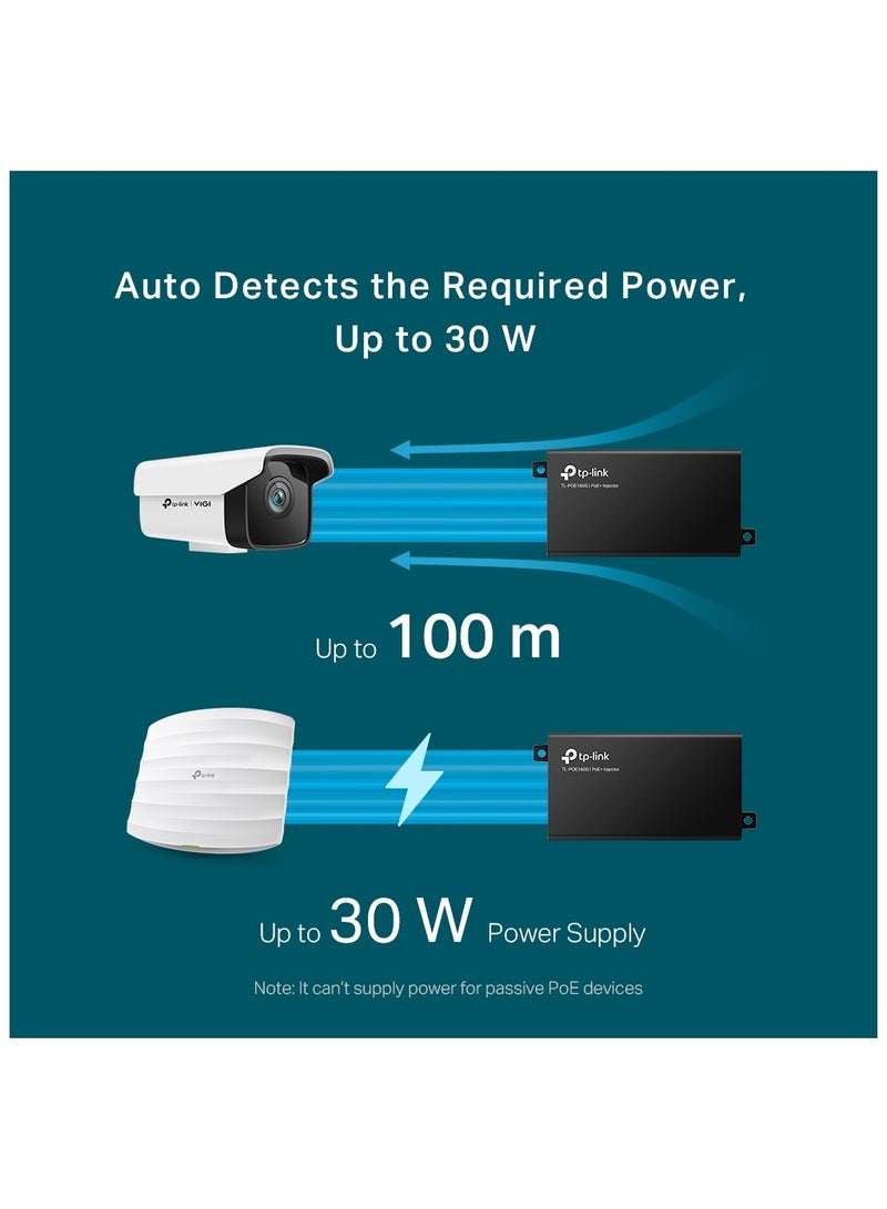 TP-LINK - TP-LINK TL-PoE160S 802.3at/af Gigabit Injector Non-PoE to PoE Adapter Supplies PoE (15.4W) or PoE+ (30W) Plug & Play Desktop/Wall-Mount Distance Up to 328 ft. UL Certified, Black BLACK - Image 1