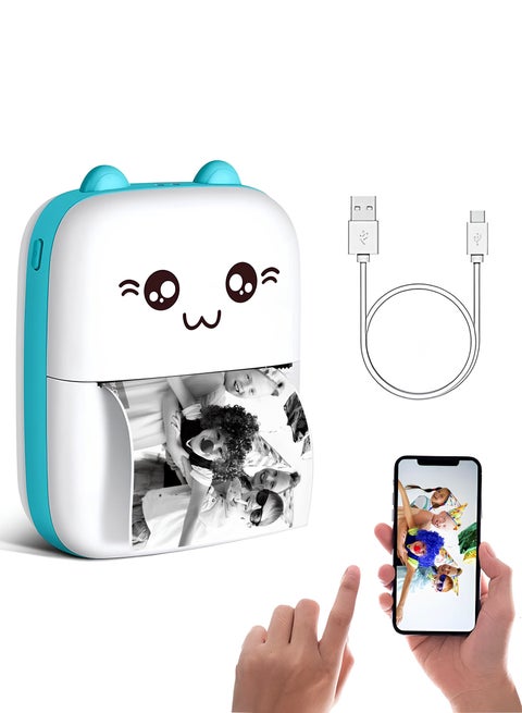Mini Portable Thermal Printer with 1 Roll Paper Pocket Size Wireless Bluetooth for Android iOS Smartphone BT Inkless Printing Gift for Label Receipt Photo Notes Study Home Office Blue Blue