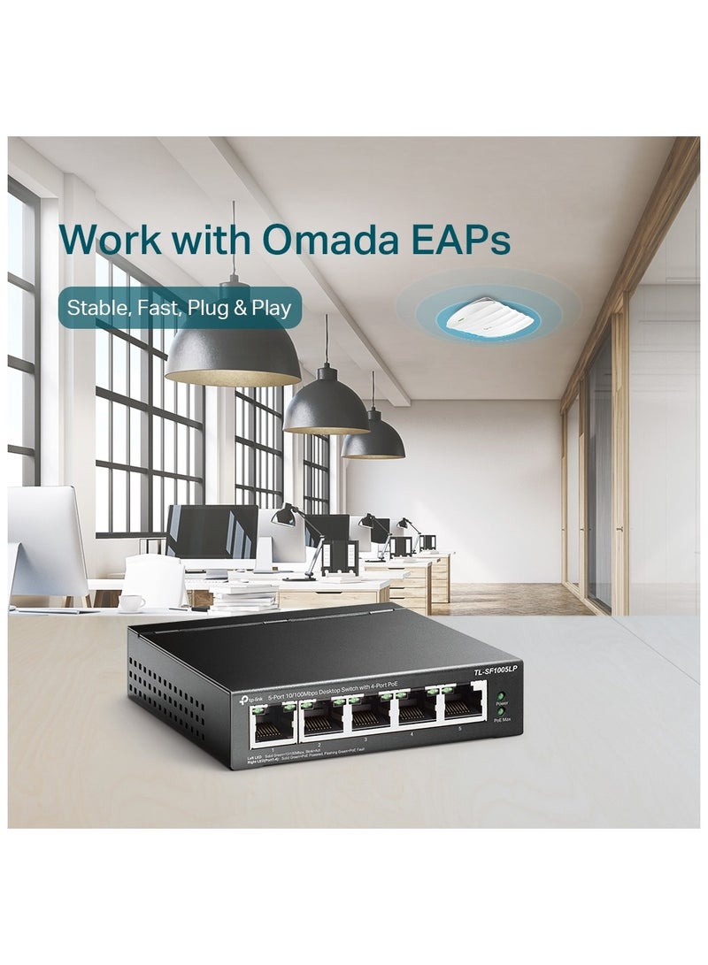 TP-LINK - TL-SF1005LP is a 5-Port 10/100Mbps Desktop Switch with 4-Port PoE Black - Image 1