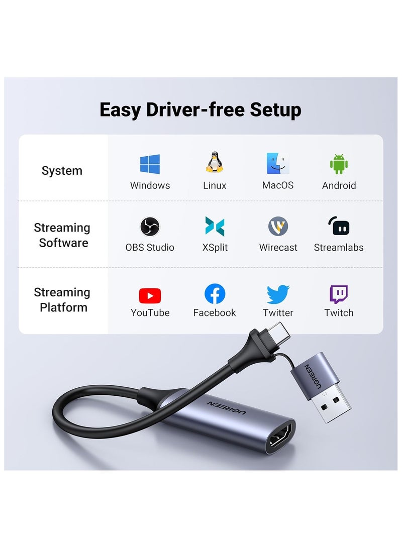 UGREEN Video Capture Card 4K HDMI to USB-A/USB-C HDMI Capture Card Full HD 1080P USB 2.0 Capture Video and Audio Recording for Gaming, Streaming, Teaching, Video Conference SILVER