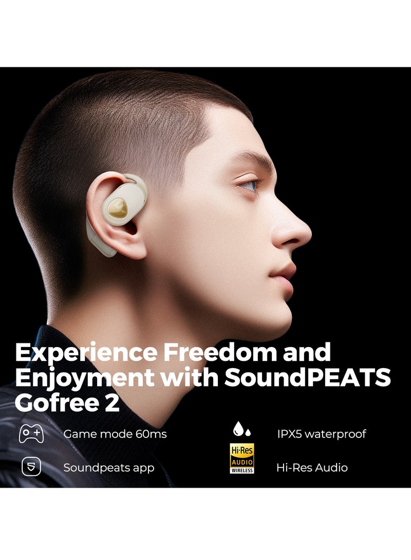 SoundPEATS - GoFree 2 Bluetooth Headphones 5.3 Bluetooth Sport Earphones with Ear Hooks Hi-Res Audio LDAC Codec, 16.2 mm Multipoint Driver, Lightweight Open Ear Design 4 Microphones 35 Hours Pearlescent Beige - Image 1