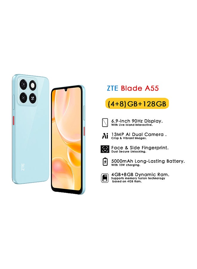 زد تي اي هاتف Blade A55 ثنائي الشريحة 4 جيجابايت + 8 جيجابايت رام 128 جيجابايت 4G أزرق مائي - إصدار الشرق الأوسط - Image 1