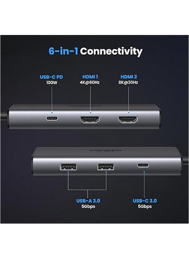 Ugreen UGREEN Revodok 206 Docking Station 6 in 1 USB C Dock Dual HDMI 4K@60Hz Single 8K@30Hz 100W PD 5Gbps USB C and USB A Data Ports USB C Hub Compatible for HP, ASUS, ThinkPad and More Grey  - Image 2