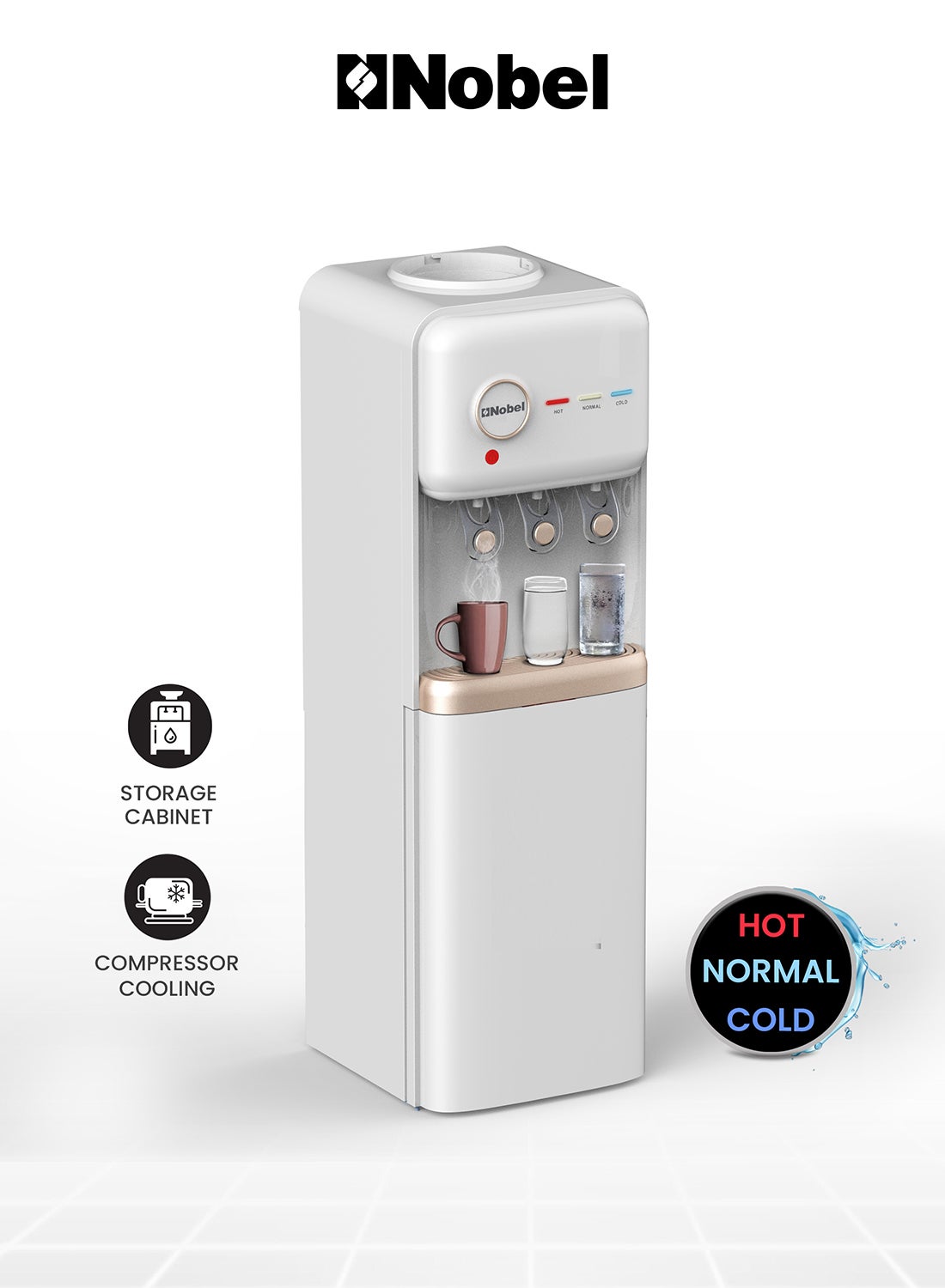 Freestanding 3 Taps Water Dispenser With Hot, Normal & Cold Taps, Compressor Cooling, Storage Cabinet NWD1608 White 