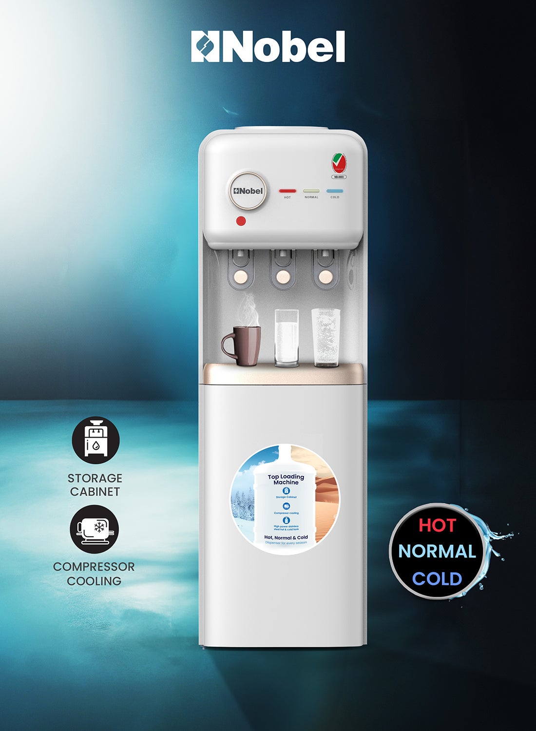 Freestanding 3 Taps Water Dispenser With Hot, Normal & Cold Taps, Compressor Cooling, Storage Cabinet NWD1608 White 