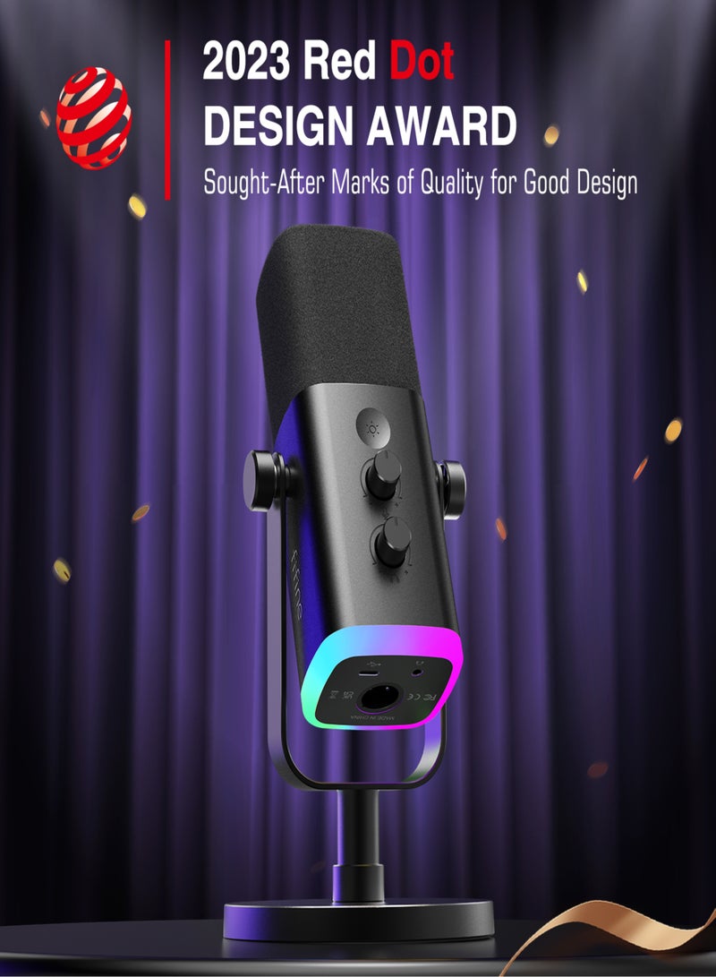 FIFINE FIFINE XLR/USB Dynamic Microphone for Podcast Recording, PC Computer Gaming Streaming Mic with RGB Light, Mute Button, Headphones Jack, Desktop Stand, Vocal Mic for Singing YouTube-AmpliGame AM8 AM8 Black  - Image 2