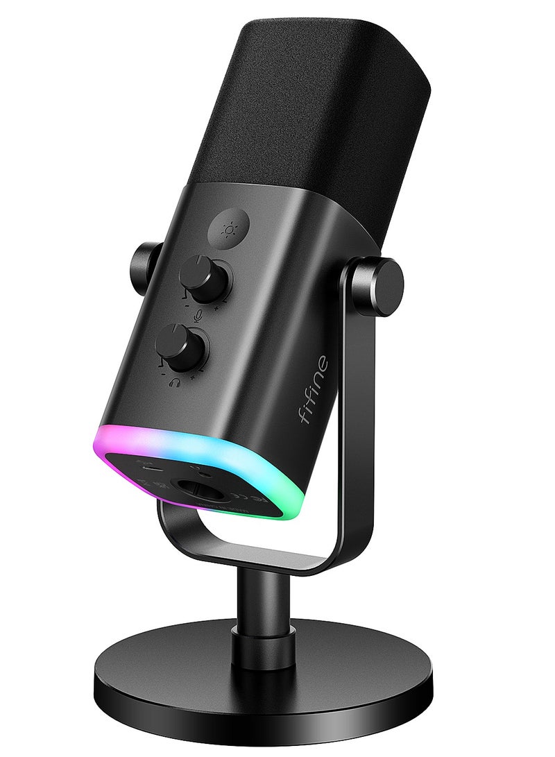 FIFINE FIFINE XLR/USB Dynamic Microphone for Podcast Recording, PC Computer Gaming Streaming Mic with RGB Light, Mute Button, Headphones Jack, Desktop Stand, Vocal Mic for Singing YouTube-AmpliGame AM8 AM8 Black  - Image 1