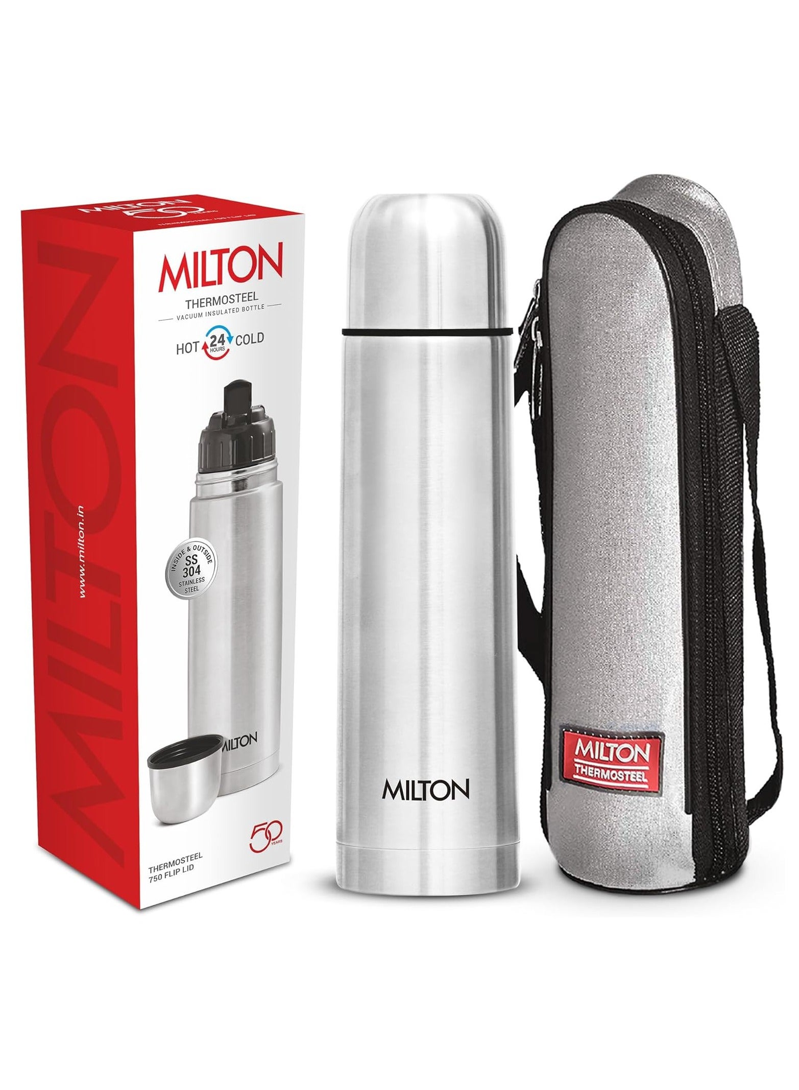 Milton Thermosteel Flip Lid 750, Double Walled Vacuum Insulated 750 ml | 25 oz | 24 Hours Hot and Cold Water Bottle with Cover, Stainless Steel, BPA Free, Food Grade, Leak Proof Silver 