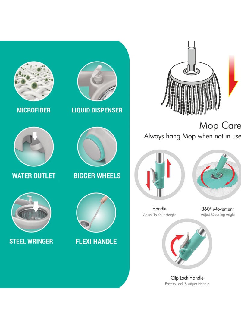 Spotzero by Milton - Spin Mop and Bucket with 2 Microfiber Refill, Liquid Dispenser, Wringer Set - Extendable Handle 360° Spinning Mop for Floor Cleaning - Prime Aqua Green - Image 1