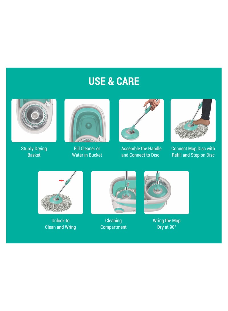 Spotzero by Milton - Spin Mop and Bucket with 2 Microfiber Refill, Liquid Dispenser, Wringer Set - Extendable Handle 360° Spinning Mop for Floor Cleaning - Prime Aqua Green - Image 1