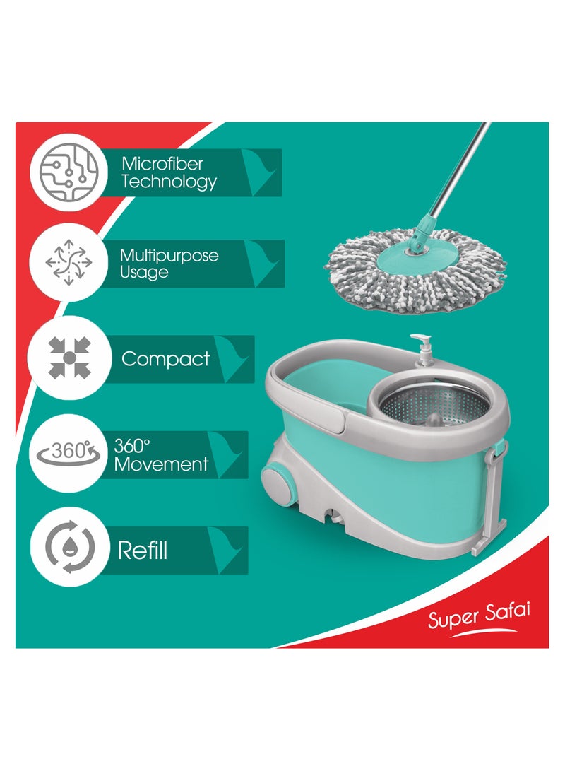 Spotzero by Milton - Spin Mop and Bucket with 2 Microfiber Refill, Liquid Dispenser, Wringer Set - Extendable Handle 360° Spinning Mop for Floor Cleaning - Prime Aqua Green - Image 1
