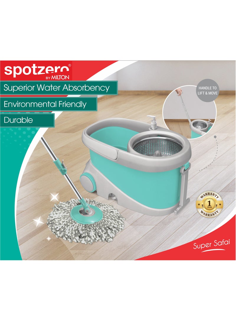 Spotzero by Milton - Spin Mop and Bucket with 2 Microfiber Refill, Liquid Dispenser, Wringer Set - Extendable Handle 360° Spinning Mop for Floor Cleaning - Prime Aqua Green - Image 1
