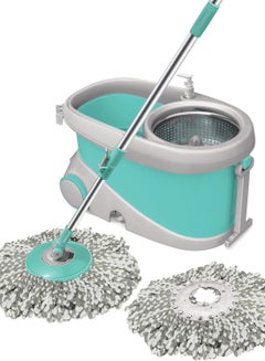 Spin Mop and Bucket with 2 Microfiber Refill, Liquid Dispenser, Wringer Set - Extendable Handle 360° Spinning Mop for Floor Cleaning - Prime Aqua Green