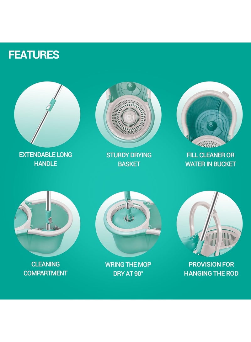 Spotzero by Milton - Spin Mop and Bucket with 1 Microfiber Refill, Liquid Dispenser, Wringer Set - Extendable Handle 360° Spinning Mop for Floor Cleaning - Ace Aqua Green - Image 1