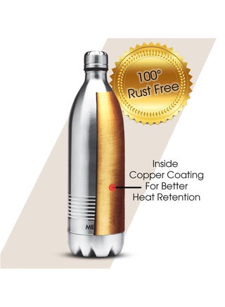 1000ml Vacuum Insulated Water Bottle, 18/8 Stainless Steel, Keeps Drinks Hot and Cold for 24 Hours, Double-Walled Thermos Flask with Inner Copper Coating for Sports, Gym, Duo Dlx Silver 1000ml - view 2