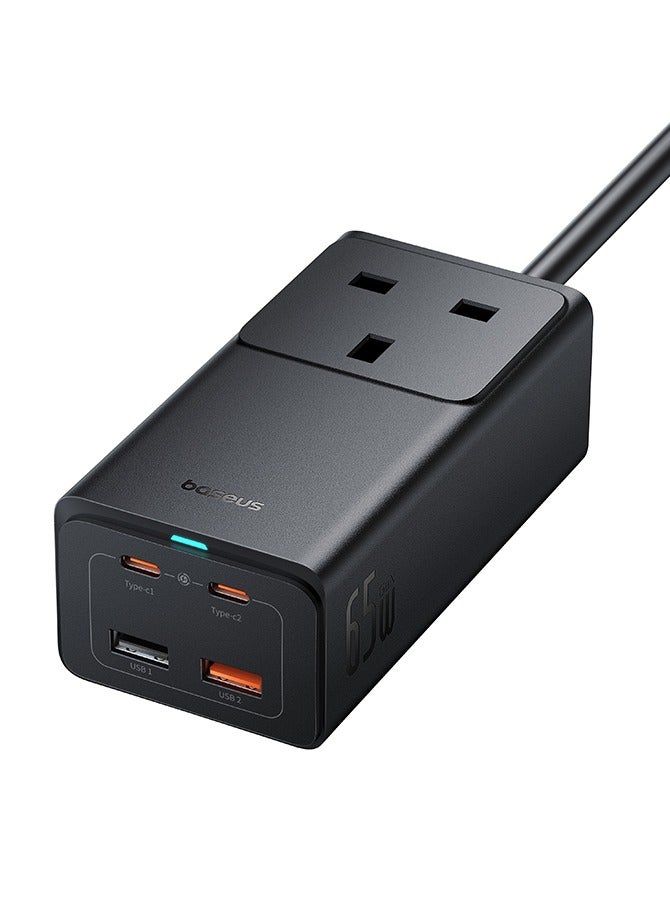 بيسوس - OS-Baseus GaN5 Pro PowerCombo On Powerstrip AC+2U+2C 65W 1.5m UK Cluster Black (يتضمن: كابل شحن سريع من سلسلة Baseus Xiaobai من النوع C إلى النوع C 100W (20V/5A) 1 متر) - Image 1