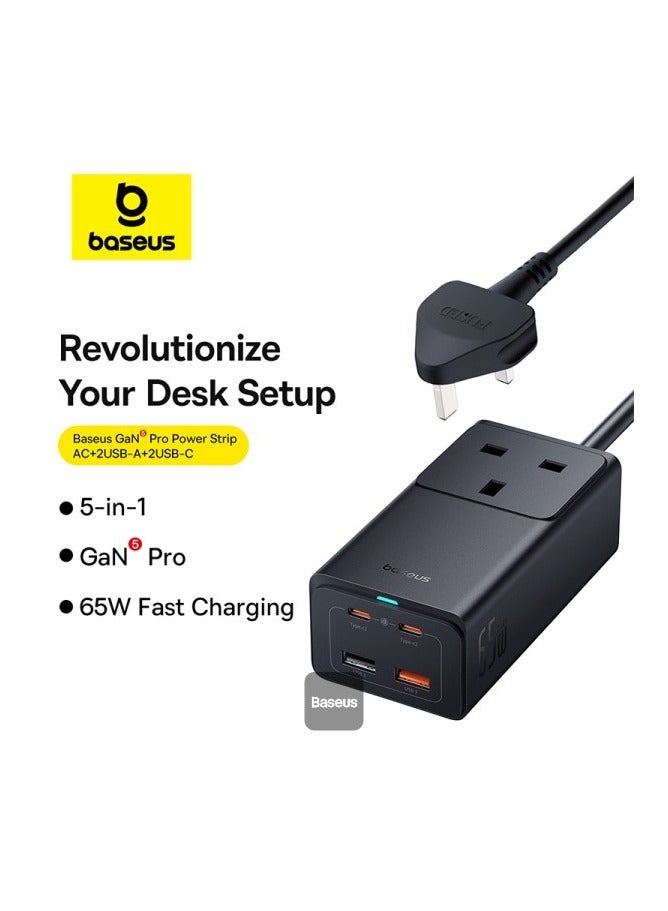 بيسوس - OS-Baseus GaN5 Pro PowerCombo On Powerstrip AC+2U+2C 65W 1.5m UK Cluster Black (يتضمن: كابل شحن سريع من سلسلة Baseus Xiaobai من النوع C إلى النوع C 100W (20V/5A) 1 متر) - Image 1