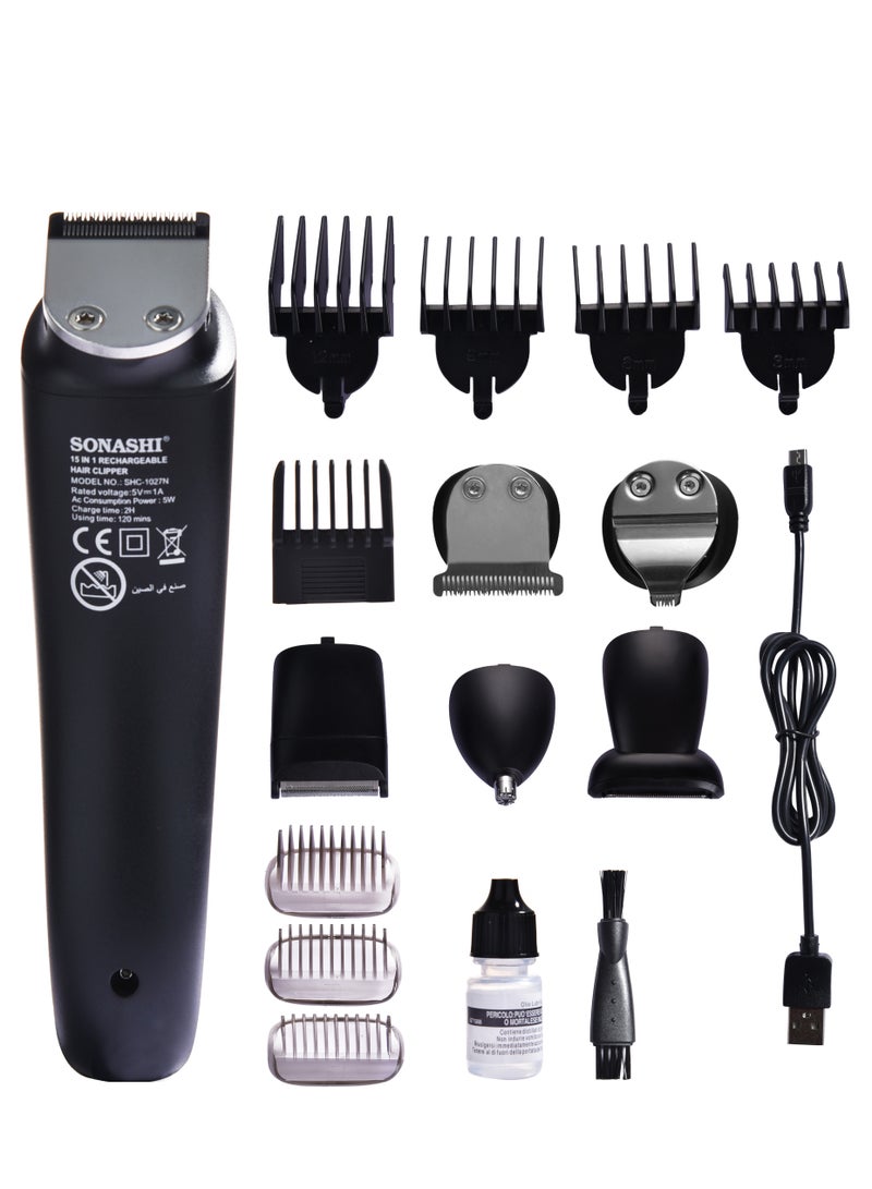 15in1 Rechargeable Hair Clipper Set With HighCapacity Battery And Fast Charging Stainless Steel Blades With Easy Cutting  Box 9 Different Length Limit Combs 2 Hours Continuous Working  SHC-1027N Black