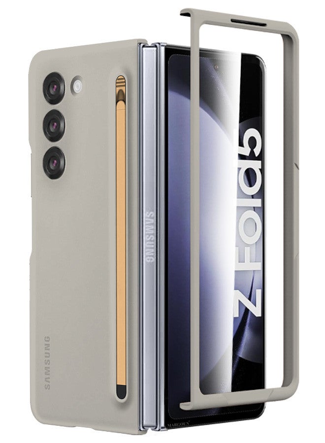 MARGOUN (for Samsung Galaxy Z Fold 5) Case with Screen Protector Ultra Hybrid Premium Case with Built-in New Compact S Pen, Holder and Storage Slot for Pen Sand Grey - Image 1