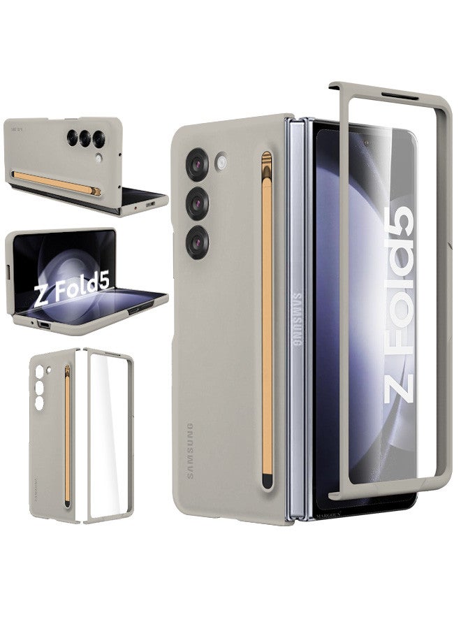 MARGOUN (for Samsung Galaxy Z Fold 5) Case with Screen Protector Ultra Hybrid Premium Case with Built-in New Compact S Pen, Holder and Storage Slot for Pen Sand Grey - Image 2