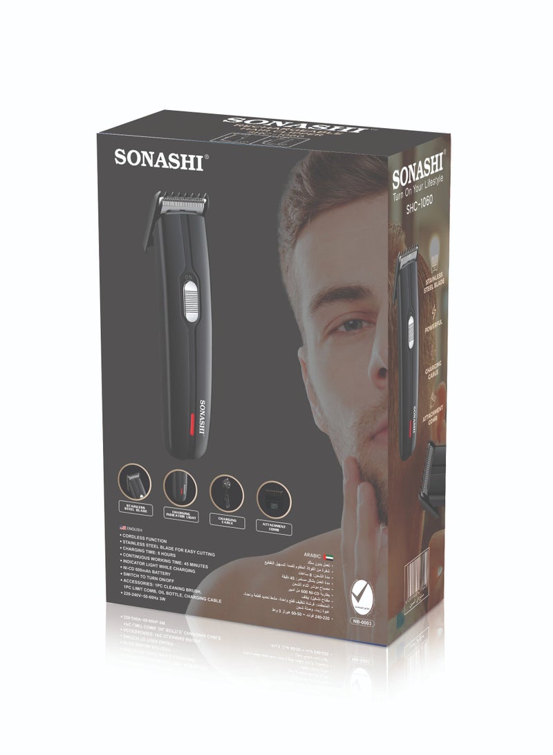 SONASHI - Rechargeable Hair Clipper With Stainless Steel Blade For Easy Cutting Chargeable NICD Battery With Indicator Light Turn ONOFF Switch Cordless  SHC-1060 Black - Image 1