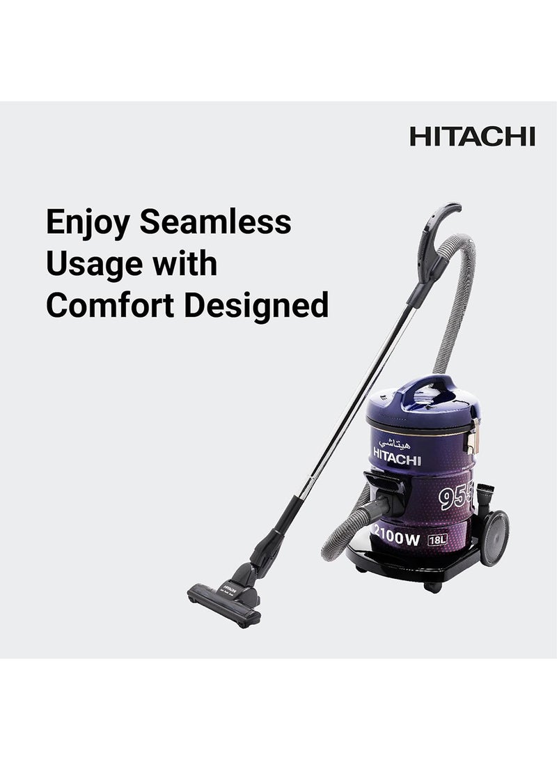 HITACHI Drum Vacuum Cleaner 2100 Watts, 18L Tank Dust Capacity, Aero Power Brush to Clean Efficiently, Metal Pipe, Dusting Brush & Crevice Nozzle, Washable Filter, Best for Home & Office 18 L 2100 W CV955NBLGCM ‎Blue/Purple  - Image 4