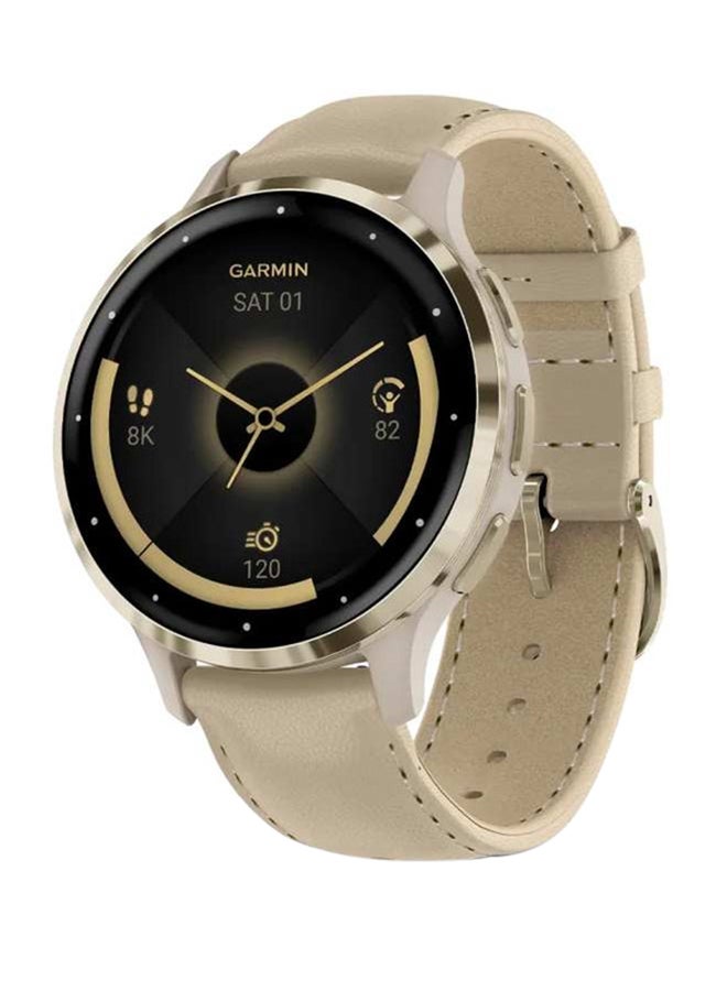GARMIN Venu 3S Soft gold stainless steel bezel with leather band French grey case  - Image 1