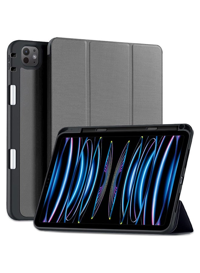 (for iPad Air 4 / 5 / 6) Folio Case Lightweight Slim Leather Cover with Pen Slot Shockproof Back Stand Cover Auto Wake/Sleep Grey