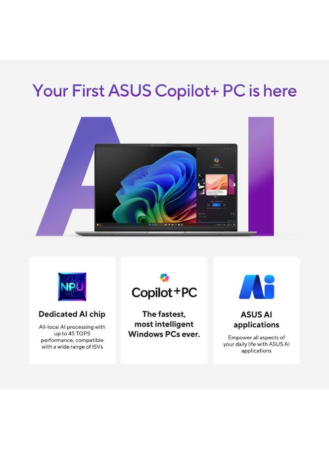 ASUS - Vivobook S 15 Laptop With 15.6 Inch 3K OLED 120Hz Display,AI,Qualcomm Snapdragon X Plus NPU/16GB RAM DDR4/1TB SSD/Windows 11 Home/ English/Arabic Cool Silver - Image 1