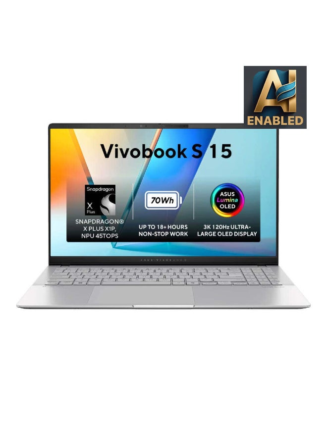ASUS - Vivobook S 15 Laptop With 15.6 Inch 3K OLED 120Hz Display,AI,Qualcomm Snapdragon X Plus NPU/16GB RAM DDR4/1TB SSD/Windows 11 Home/ English/Arabic Cool Silver - Image 1