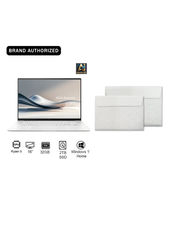 ASUS Zenbook S 16 OLED AI Laptop With 16 Inch (2880x1800) Display, AMD Ryzen AI R9-HX370 Processor/32GB RAM/2TB SSD/Intel UHD Graphics/Windows 11 Home With Copilot Keyboard+ Free Sleeve English/Arabic Scandinavian White - Image 1
